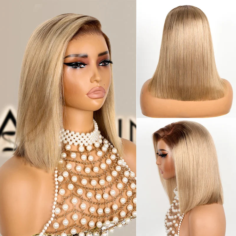 Straight Bob Ash Blonde with Dark Root 13x4 Transparent Lace Frontal Ready to Go Glueless Wig - Image 5