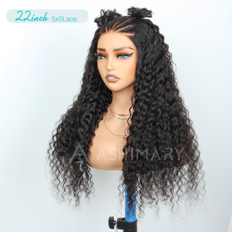 Micro French Braids 5x5 Pre-Cut Lace Deep Wave Human Hair Wig Natural Color - Image 2