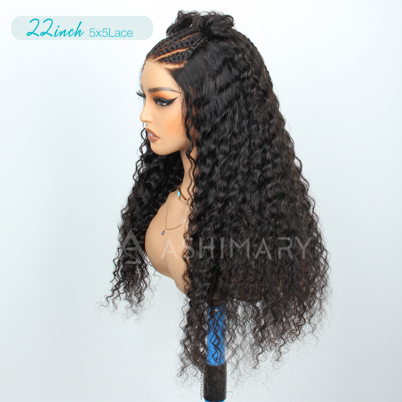 Micro French Braids 5x5 Pre-Cut Lace Deep Wave Human Hair Wig Natural Color - Image 5