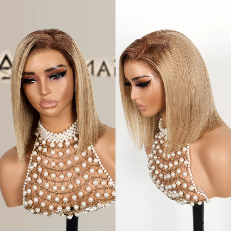 Straight Bob Ash Blonde with Dark Root 13x4 Transparent Lace Frontal Ready to Go Glueless Wig - Image 6