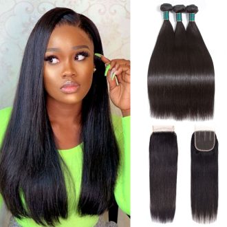 YZ Grace 10A Straight Thick& Soft Brazilian Human Hair Bundles with Closure Virgin Hair Natural Color