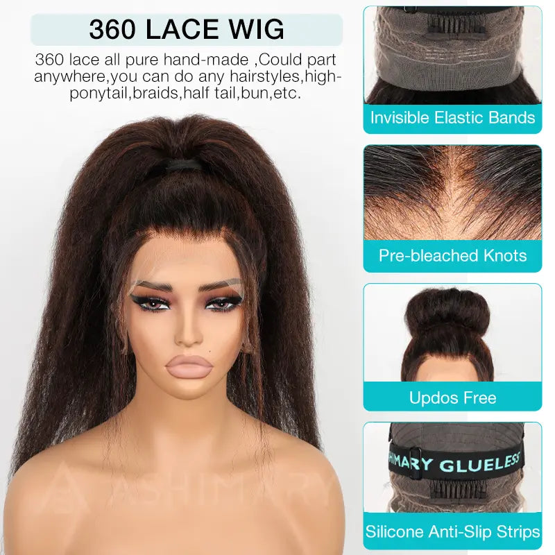 Highlight Kinky Straight Invisi Strap 360 Skin Lace Frontal Glueless Wig Pre Everything Human Hair Wig - Image 9