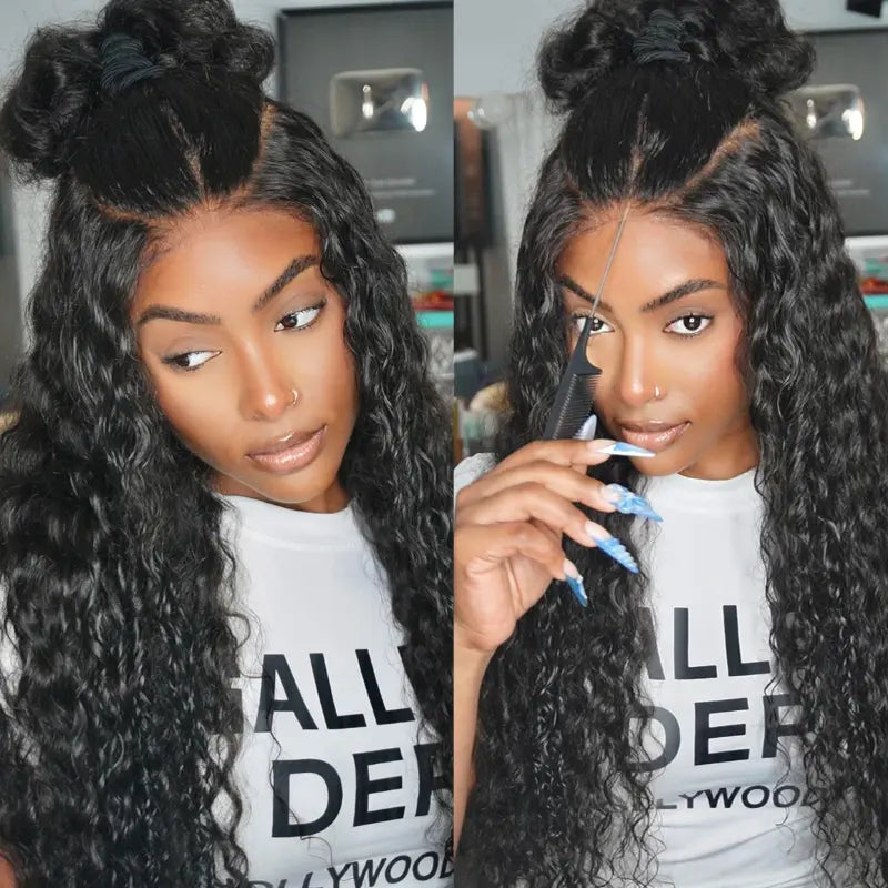 Pull Go 13x6 Full Wig Deep Wave Transparent Lace Frontal Wig Natural Black Color - Image 4