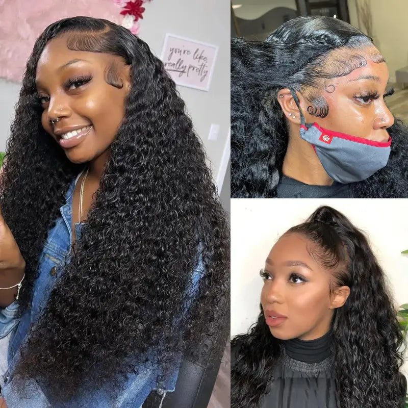 Pull Go 13x6 Full Wig Water Wave Transparent Lace Wig Natural Black Color - Image 13