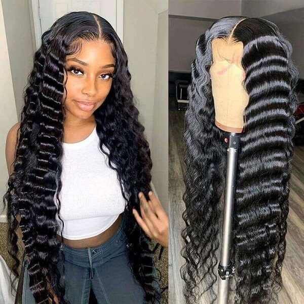 Pull Go 13x6 Full Wig Transparent Glueless Lace Loose Deep Wave Wig Natural Black Color - Image 18