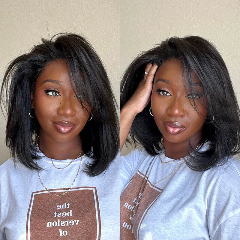 Layered Cut Yaki Straight Glueless Pull Go 13x4 Lace Frontal Bob Wig With Side Swept Bangs Put On And Go Double Drawn Human Hair Wig with Drawstring - Image 2