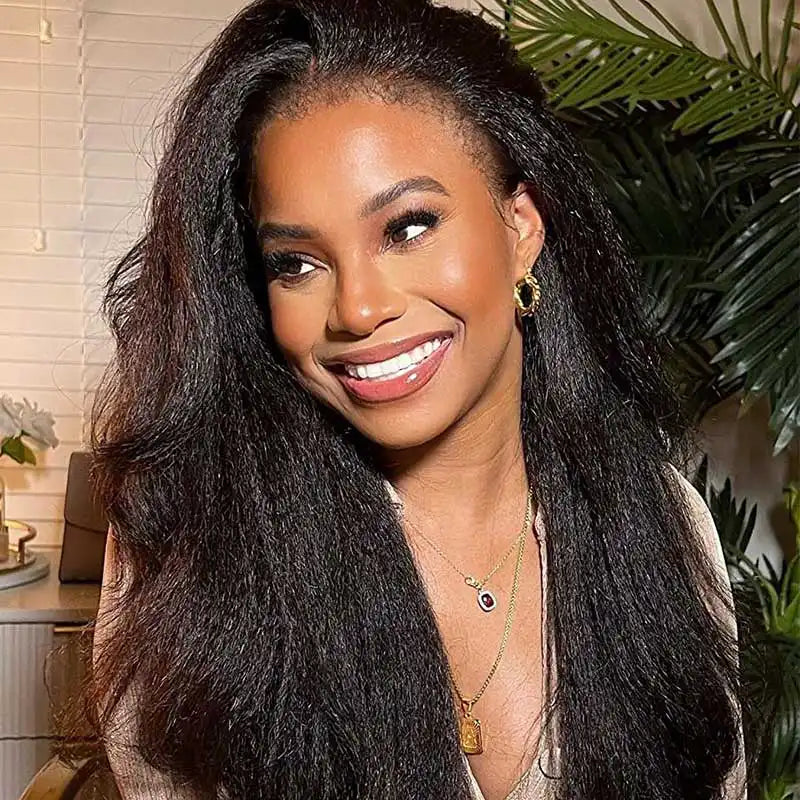 Pull Go 13x6 Full Wig Transparent Lace Kinky Straight Wig Natural Black Color - Image 5