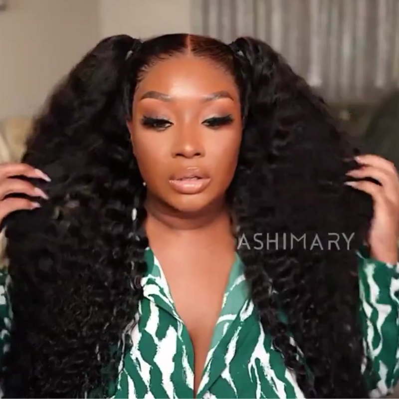 Pull Go 13x6 Full Wig Deep Wave Transparent Lace Frontal Wig Natural Black Color - Image 14