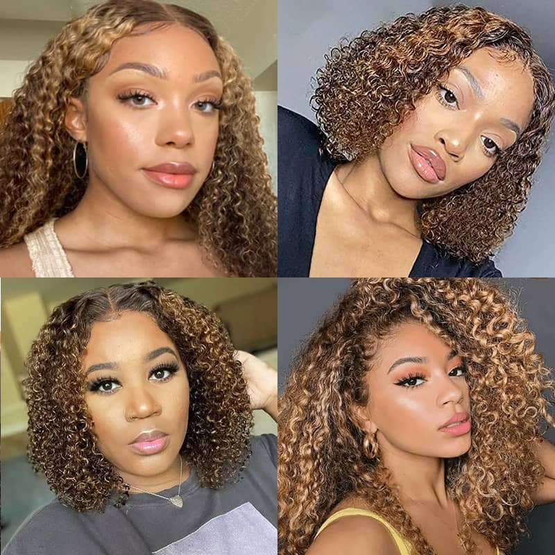 Fabulous Highlight Jerry Curly Short Bob 13*4 & 4*4 & 5*5 Transparent Lace Wig - Image 2