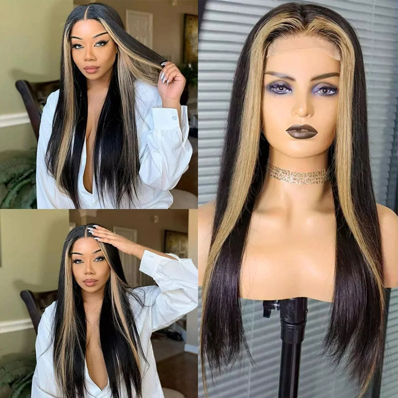 Honey Blonde Highlight Lace Wigs Skunk Stripe Hair 4x4 Closure Wig 180% Straight Brazilian Human Hair Wig - Image 4