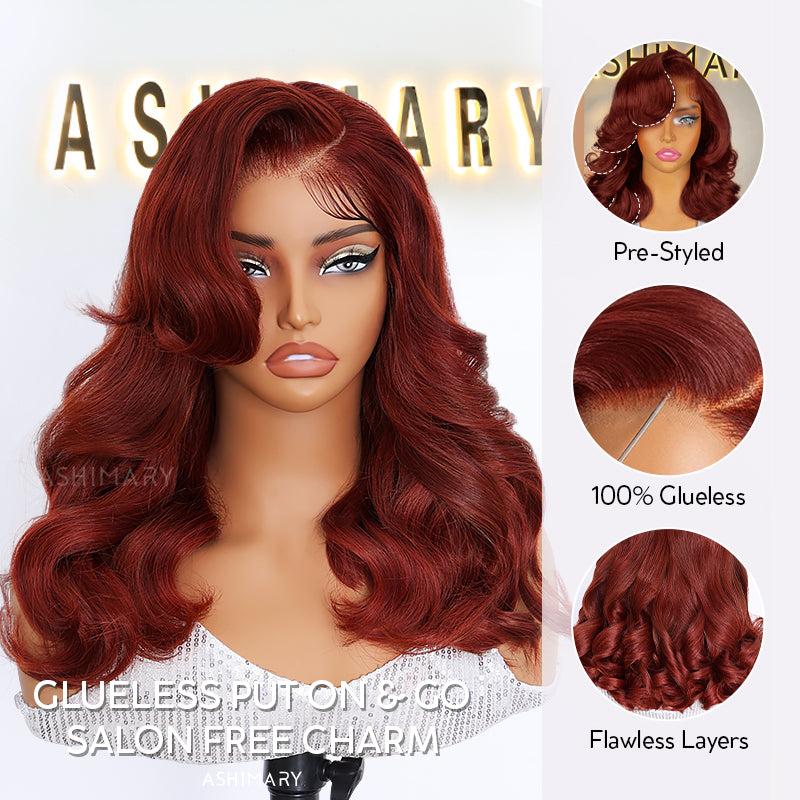 Reddish Brown Pre-Styled Body Wave Glueless Layer Wavy Bob Wig Transparent Lace Ready To Go Wigs - Image 7