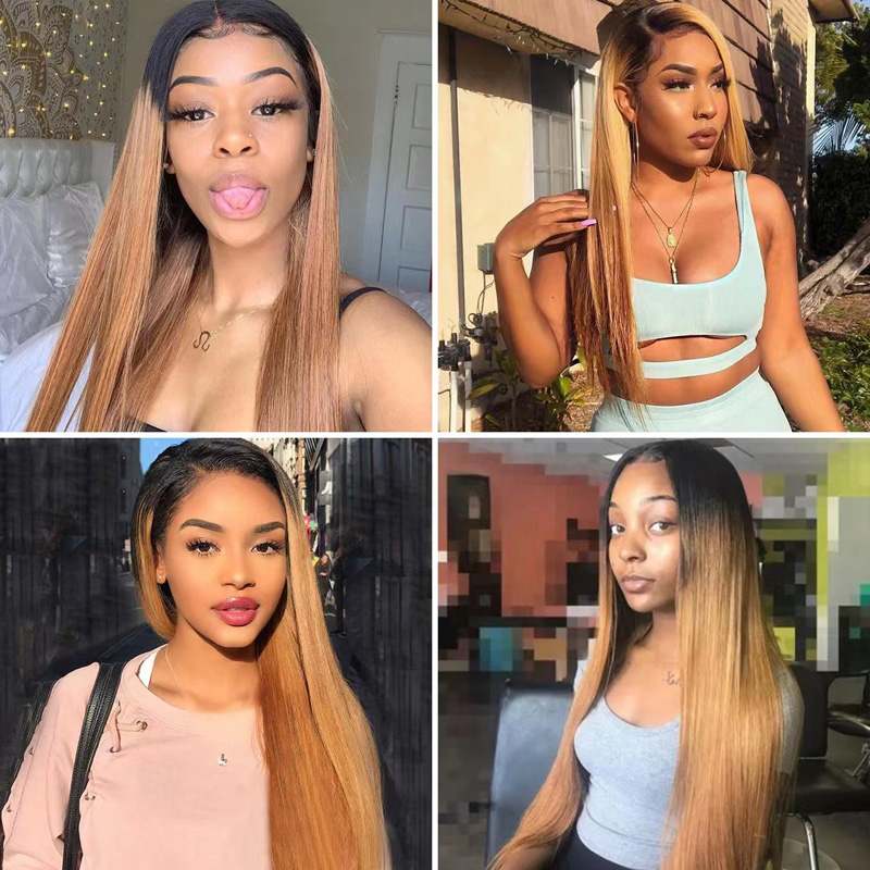 Ombre Honey Blonde T1b/27 Color Straight Hair 13x4 Lace Front Pre-plucked Human Hair Wigs - Image 4