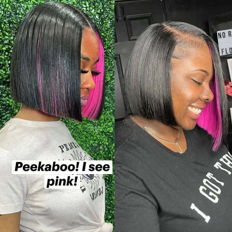 Hidden Color Bob Short Hair Peekboo Highlight Pink Transprant Lace Wig - Image 2