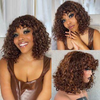 Highlight Human Hair Curly Bob Wig With Bangs