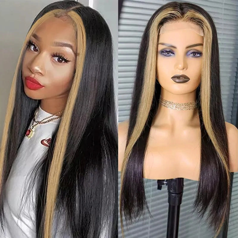 Honey Blonde Highlight Lace Wigs Skunk Stripe Hair 4x4 Closure Wig 180% Straight Brazilian Human Hair Wig - Image 2