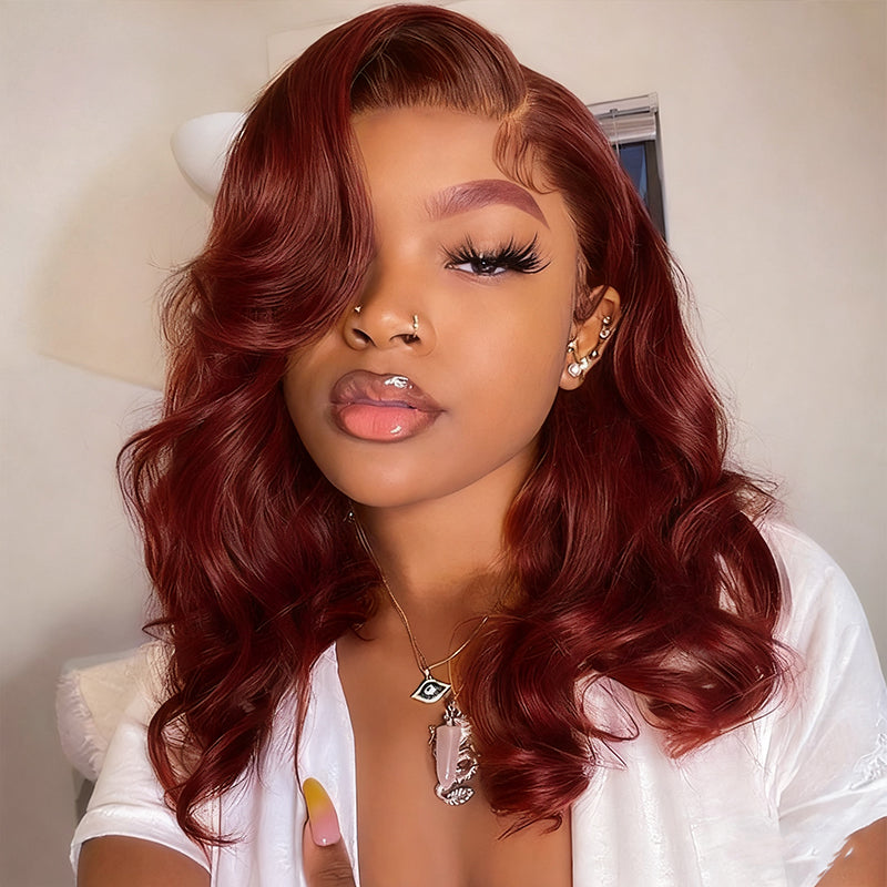 Reddish Brown Pre-Styled Body Wave Glueless Layer Wavy Bob Wig Transparent Lace Ready To Go Wigs - Image 5