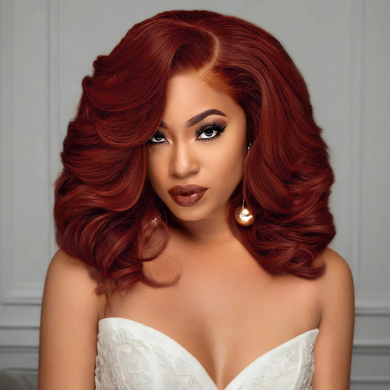 Reddish Brown Pre-Styled Body Wave Glueless Layer Wavy Bob Wig Transparent Lace Ready To Go Wigs - Image 3