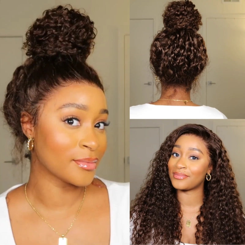 Chocolate Brown Water Wave Invisi Strap Snug Fit 360 Melting Lace Frontal Bleached Knots Glueless Lace Wig - Image 2