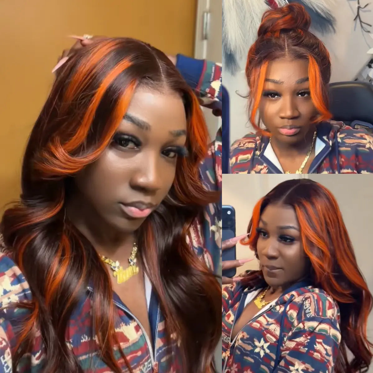 Salon Layer Cut Ginger Highlights On Brown Hair 360 Lace Frontal Invisi Strap Skin Lace InvisiDrawstring Snug Fit Body Wave Human Hair Wig - Image 5