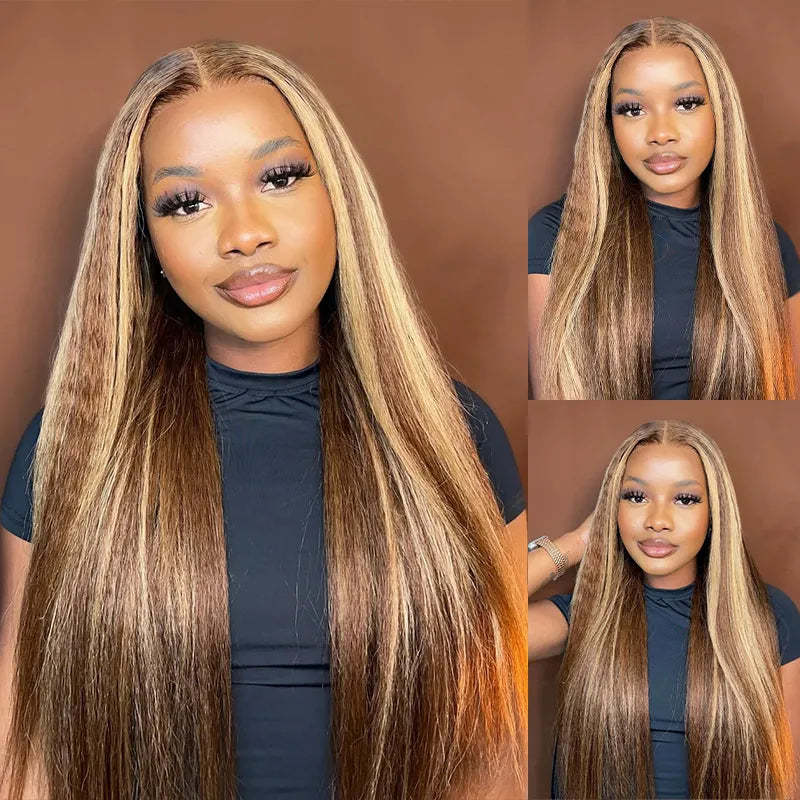 Ashimary 360 Invisi Strap Upgrade Glueless Highlight Brown Kinky Straight Lace Frontal Wig With Pre-Bleached Seamless Knots 4D Auto-Fit Cap - Image 2
