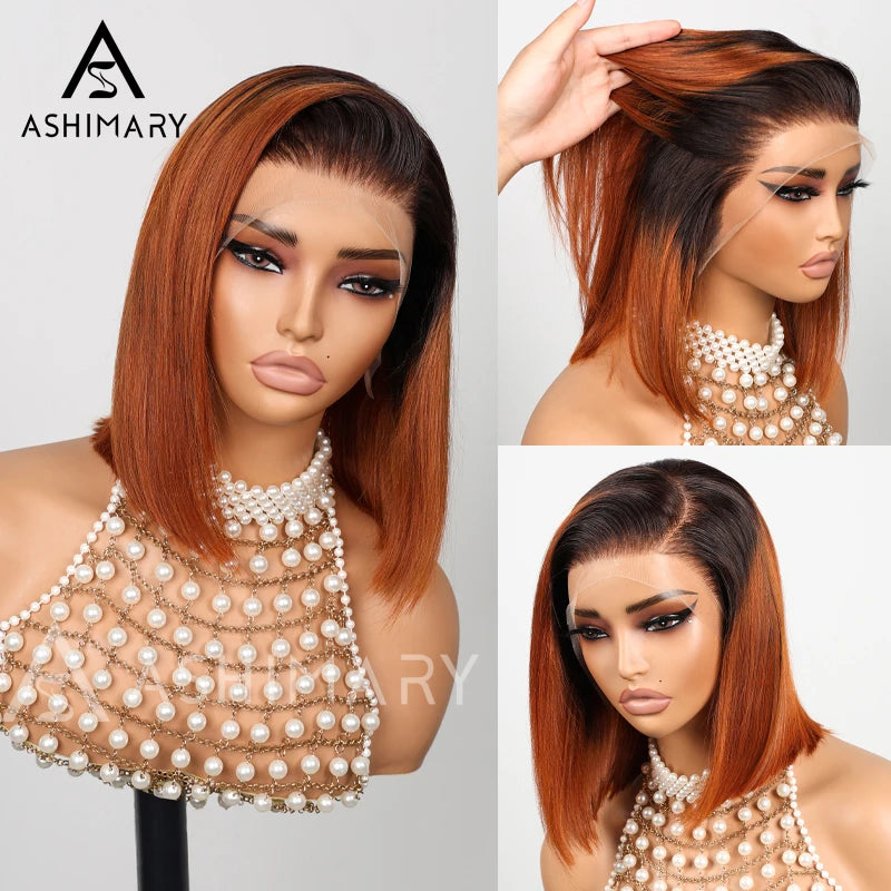 Pull Go 13x4 Lace Wig Ginger Ombre Silky Blunt Cut Glueless Bob Wig - Image 9