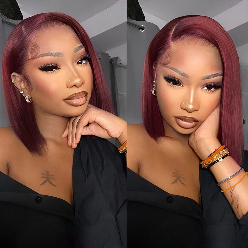Blunt Cut Bob Burgundy 99J Color Straight Hair Double Drawn Wig High Density - Image 3