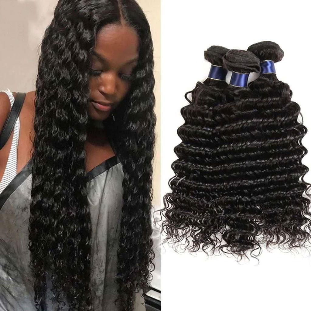 3 Bundles 10A Deep Wave Human Hair Bundles Natural Color
