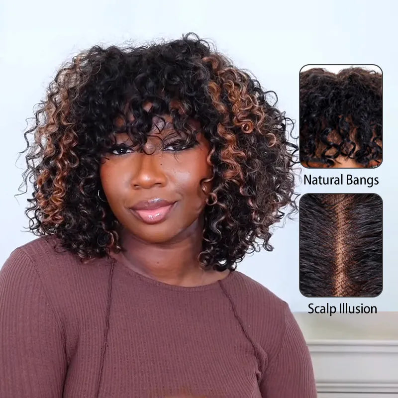 Pull Go 3x1 Scalp Illusion Wig with Natural Curly Bangs Highlight Kinky Curly Double Drawn Glueless Bob Wig - Image 2