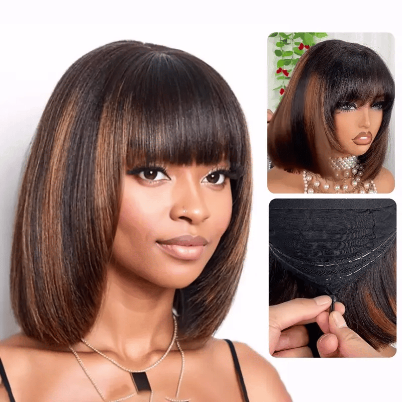 Put On and Go Black Brown Highlight Layered Cut Yaki Straight 3x1 Minimalist Lace Bob Wig With Bangs - Image 3