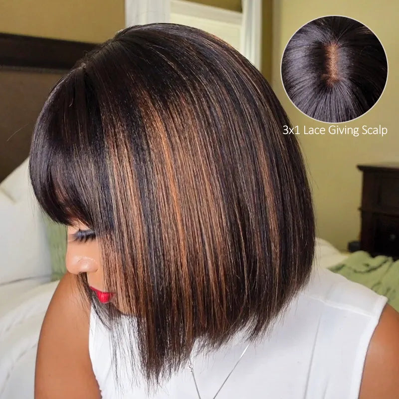 Put On and Go Black Brown Highlight Layered Cut Yaki Straight 3x1 Minimalist Lace Bob Wig With Bangs - Image 2