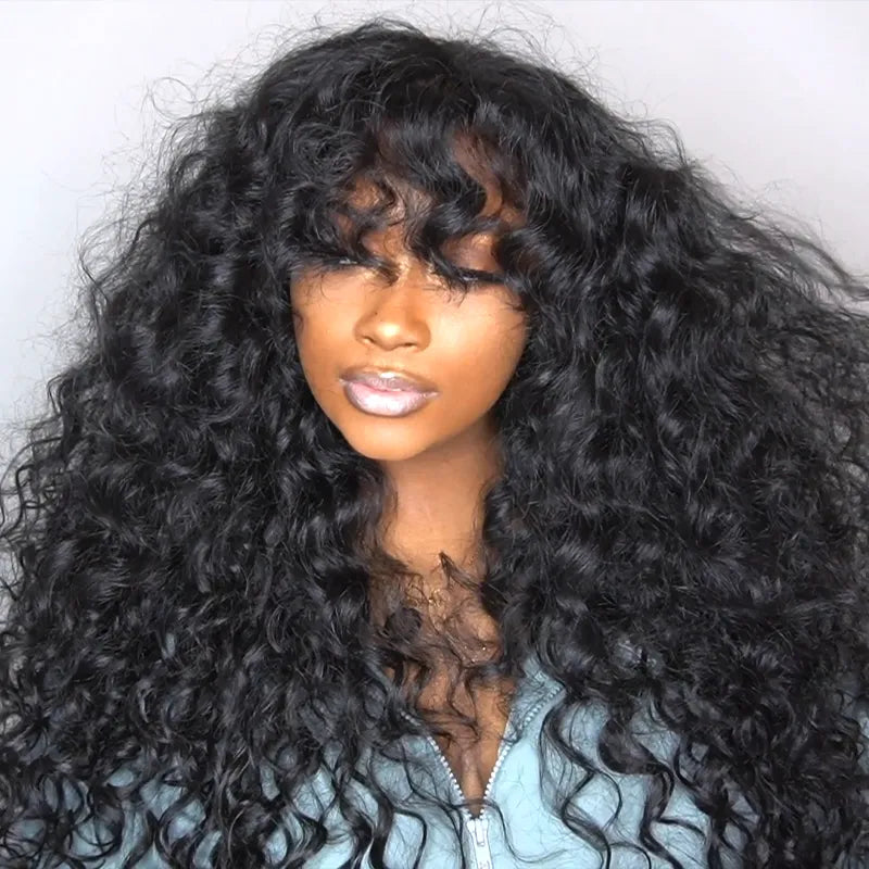 Bouncy Curl With Bangs Pull Go 3x1 Lace Natural Black Wig True Scalp Glueless Pre-Styled Wig - Image 4