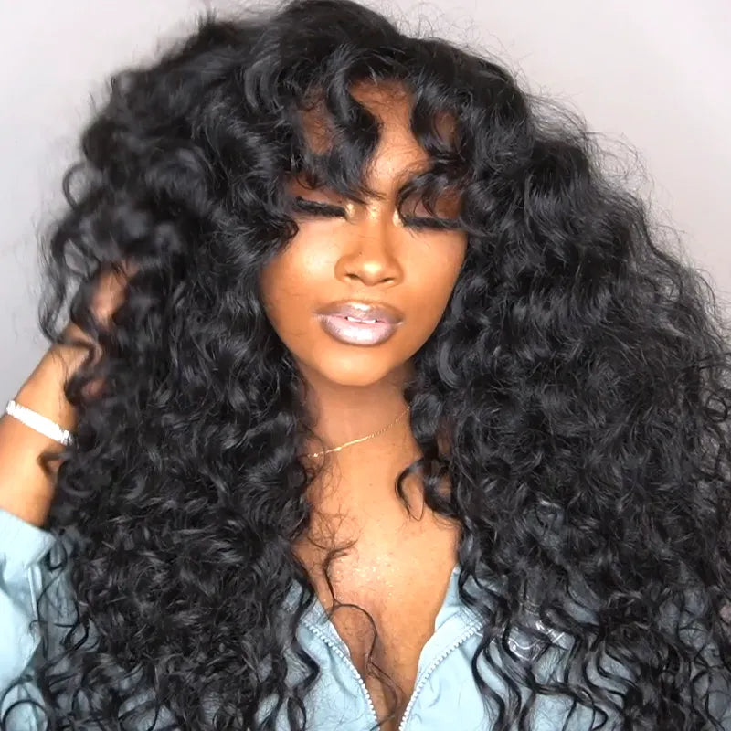 Bouncy Curl With Bangs Pull Go 3x1 Lace Natural Black Wig True Scalp Glueless Pre-Styled Wig - Image 5