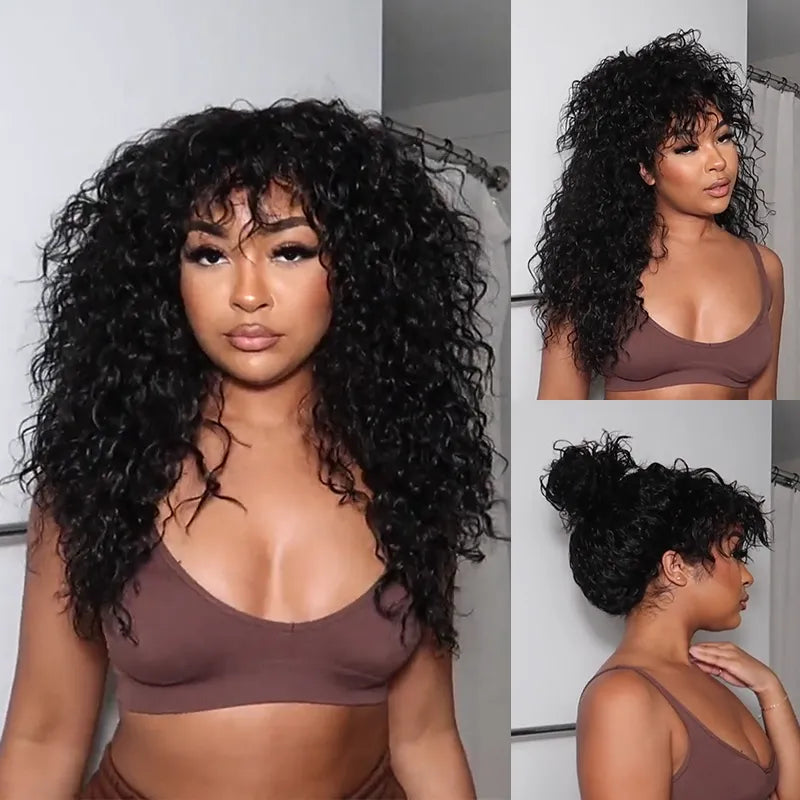 Bouncy Curl With Bangs Pull Go 3x1 Lace Natural Black Wig True Scalp Glueless Pre-Styled Wig - Image 3