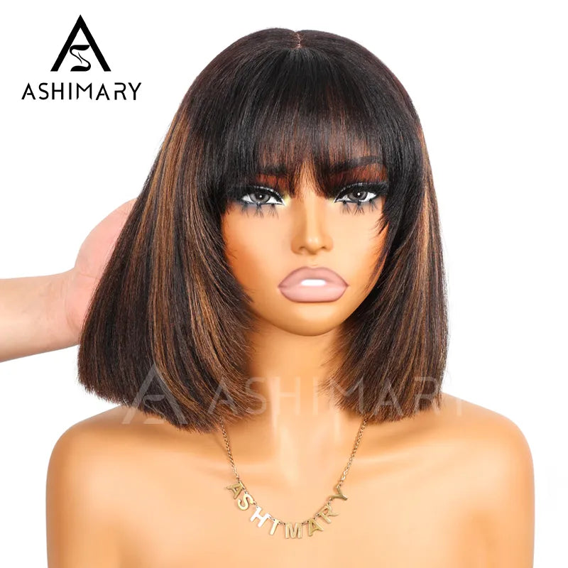Put On and Go Black Brown Highlight Layered Cut Yaki Straight 3x1 Minimalist Lace Bob Wig With Bangs - Image 8