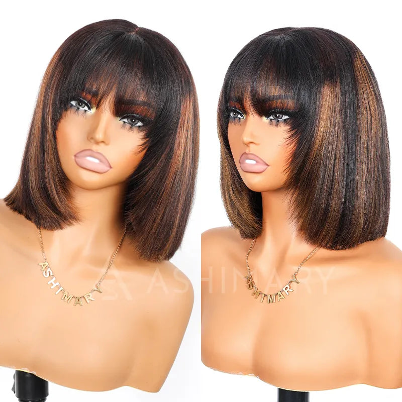 Put On and Go Black Brown Highlight Layered Cut Yaki Straight 3x1 Minimalist Lace Bob Wig With Bangs - Image 11