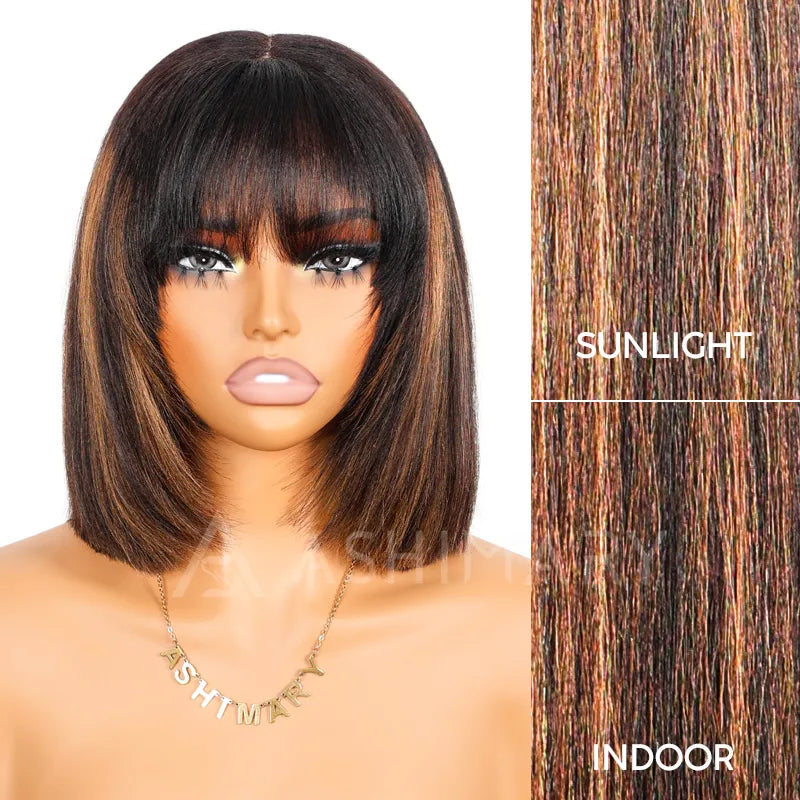 Put On and Go Black Brown Highlight Layered Cut Yaki Straight 3x1 Minimalist Lace Bob Wig With Bangs - Image 12