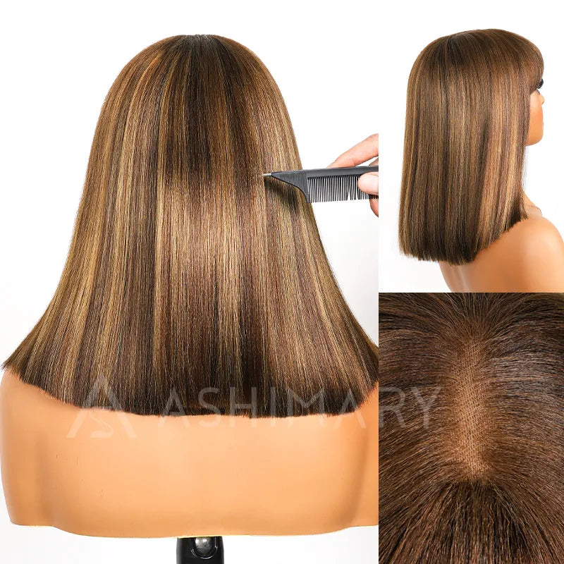 Put On and Go Ash Blonde Highlight Yaki Straight 3x1 Minimalist Lace Bob Wig With Bangs - Image 5