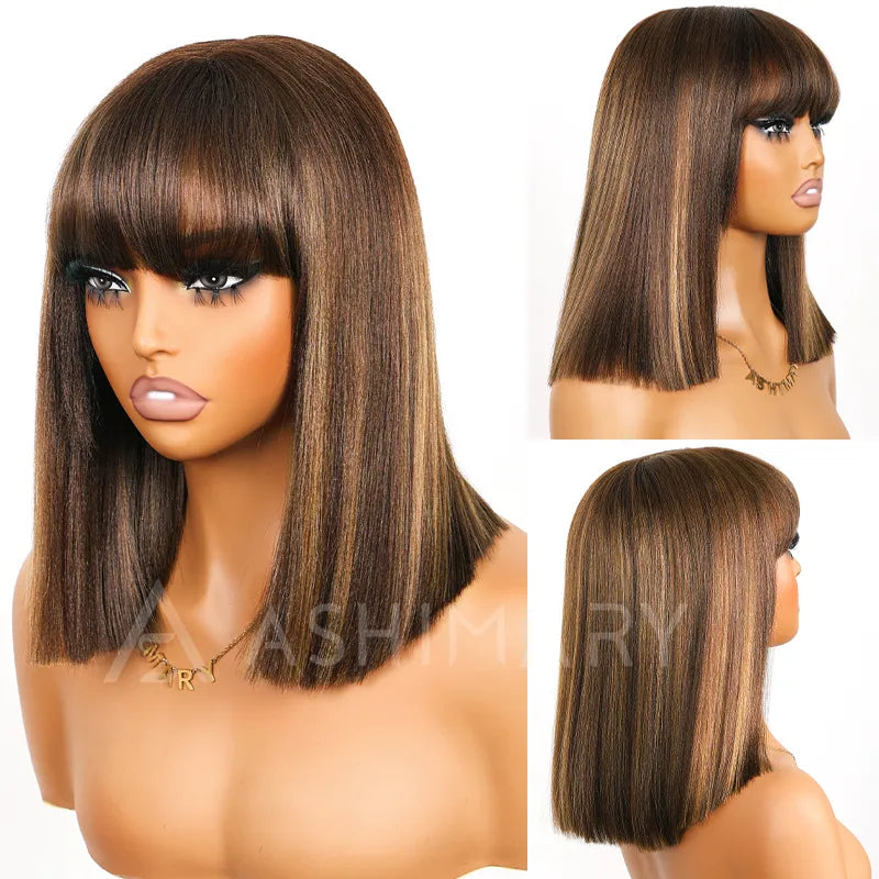 Put On and Go Ash Blonde Highlight Yaki Straight 3x1 Minimalist Lace Bob Wig With Bangs - Image 7