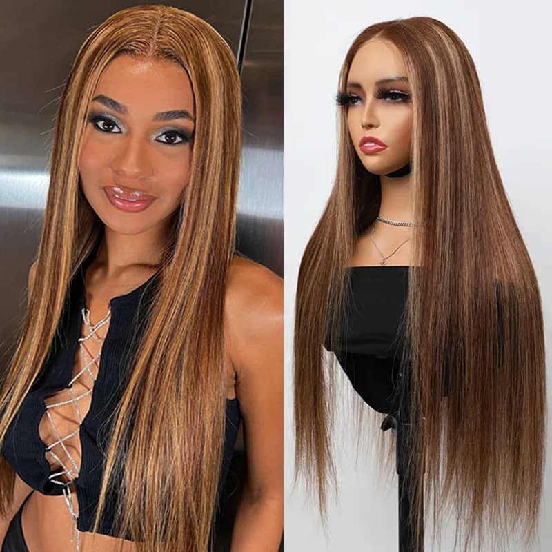 Blonde Highlight Put On & Go Silky Straight Glueless Beginner Friendly Ready to Wear Wig Pre Plucked Hairline & Bleached Knots - Image 4