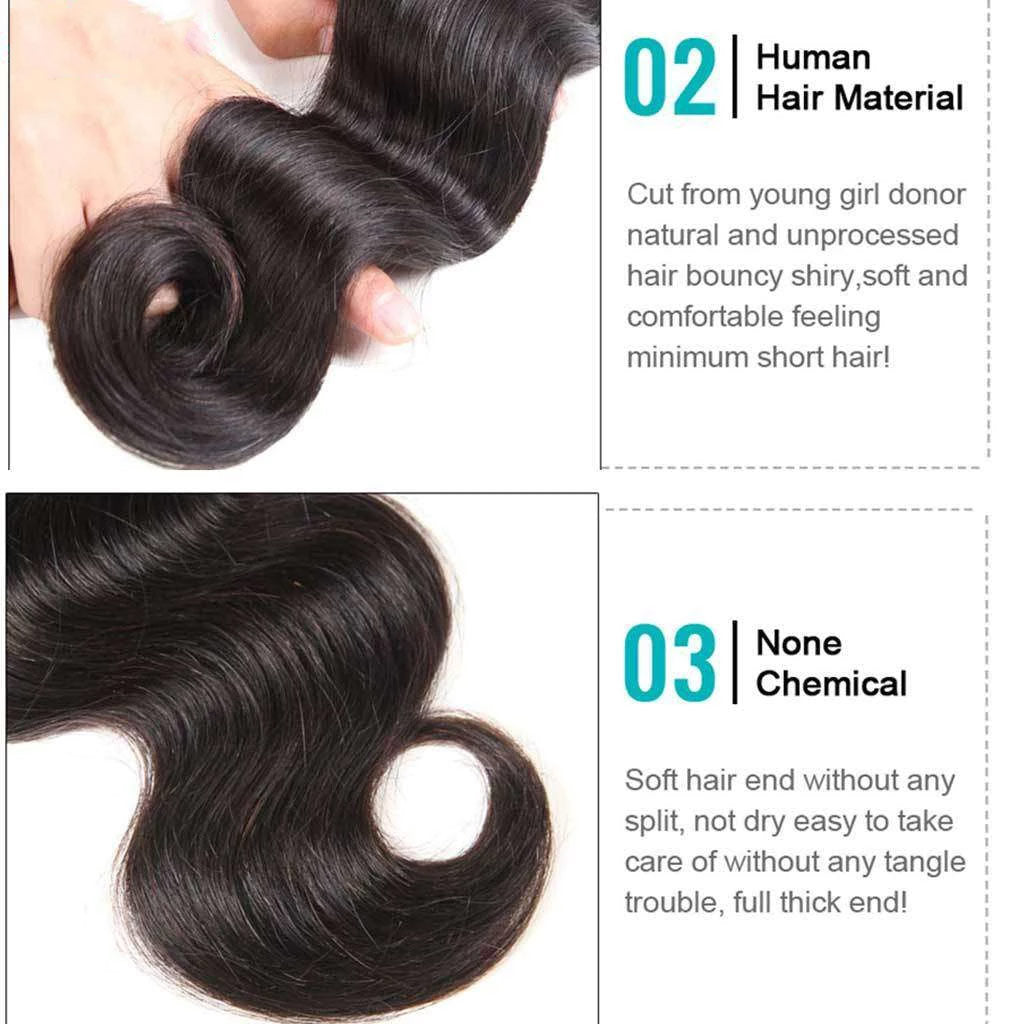 9A Body Wave Virgin Hair 3 Bundles with Closure Natural Color Indian Hair - Image 3