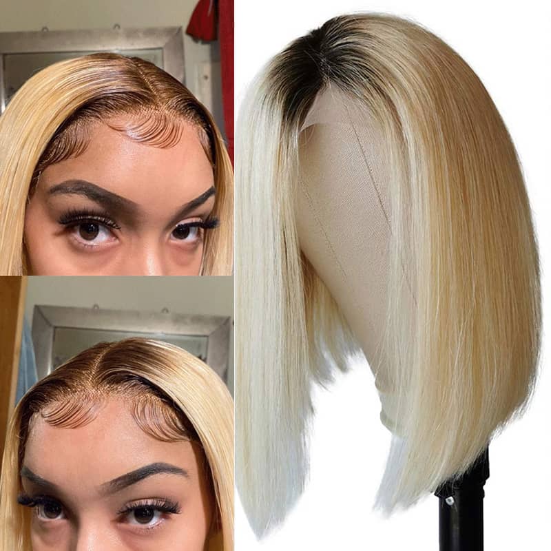 Fabulous Ombre Blonde Color Bob Short Hair Transparent Lace Wig - Image 4