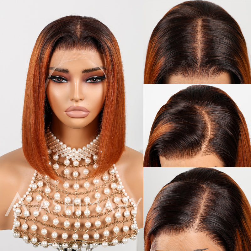 Pull Go 13x4 Lace Wig Ginger Ombre Silky Blunt Cut Glueless Bob Wig - Image 16