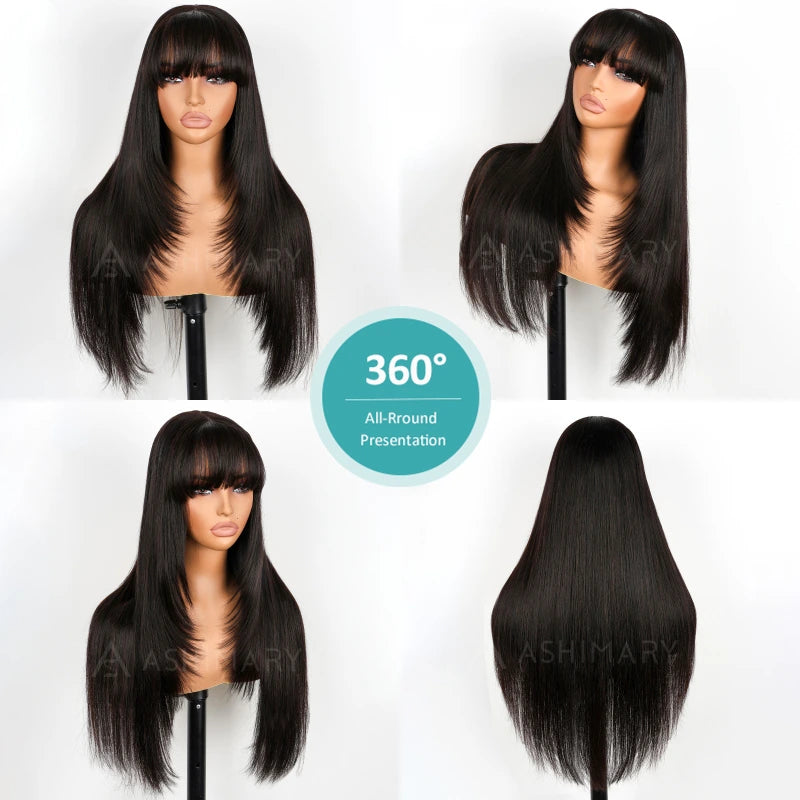 Layered Cut with Bangs 4x4 Transparent Lace Closure Wig Straight Human Hair 180% Density - Image 6