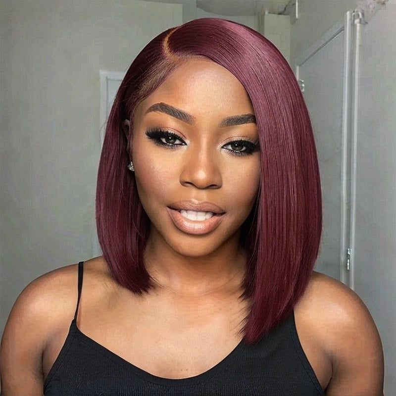 Blunt Cut Bob Burgundy 99J Color Straight Hair Double Drawn Wig High Density - Image 2