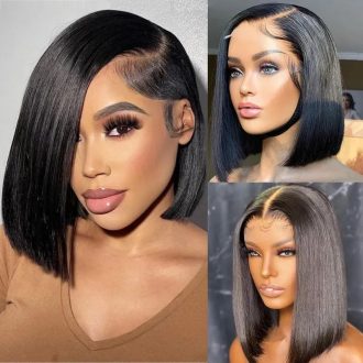 Glueless Double Drawn Blunt Cut Bob Transparent Lace Wig 10A Double Drawn High Density Human Hair