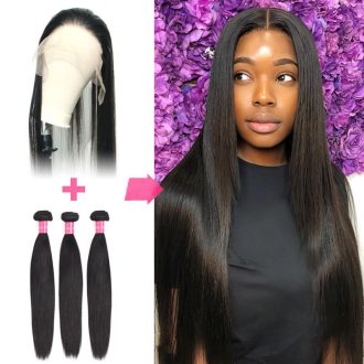 Lace Front Wig Cap with Hair Bundles 10A Top Grade Straight Virgin Hair