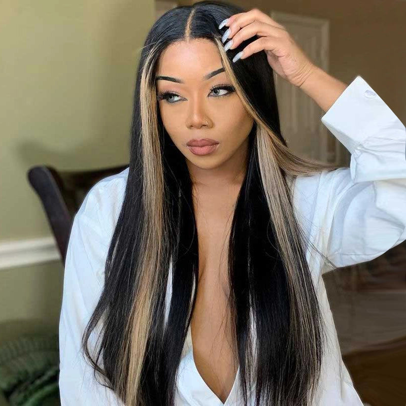 Honey Blonde Highlight Lace Wigs Skunk Stripe Hair 4x4 Closure Wig 180% Straight Brazilian Human Hair Wig - Image 3