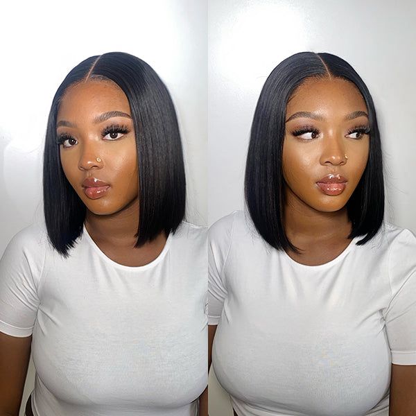 Double Drawn High Density Bone Straight Pull Go 13x4 Lace Bob Wig Lace Frontal Natural Black Glueless Wig - Image 2