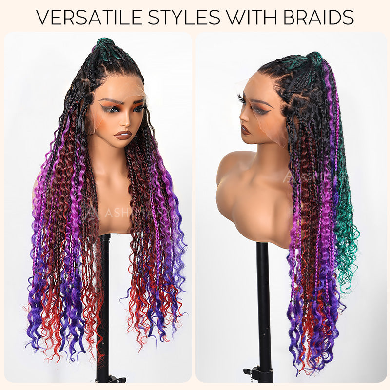 Rainbow Boho Curls Knotless Braided Wig Full Lace Frontal Multicolor Ombre Lightweight & Pre-Styled - Image 11