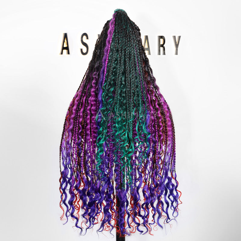 Rainbow Boho Curls Knotless Braided Wig Full Lace Frontal Multicolor Ombre Lightweight & Pre-Styled - Image 12